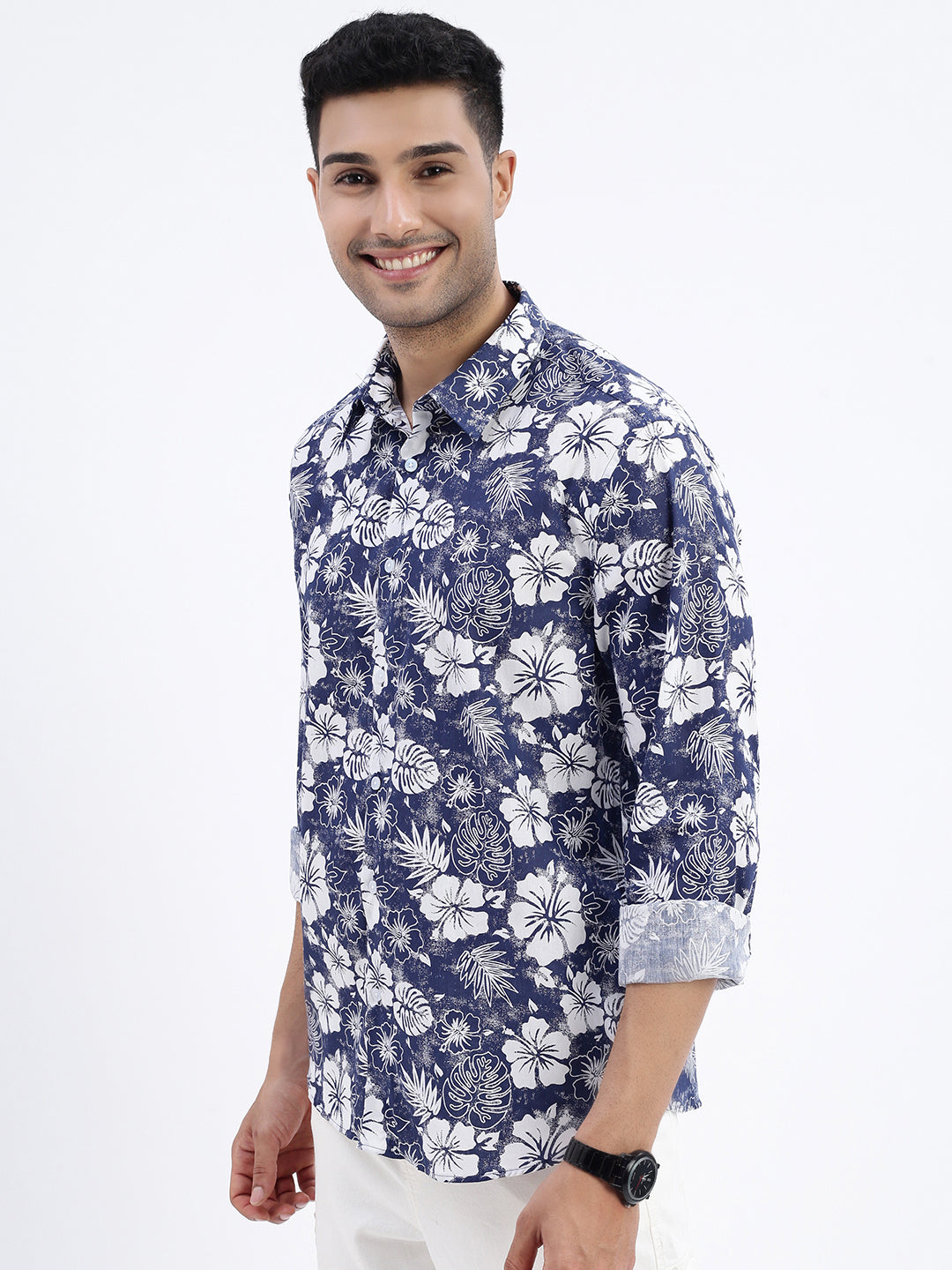 Men Navy Blue Floral Slim Fit Shirt