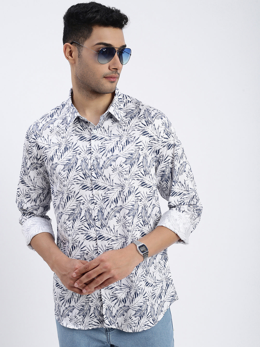 Men White Floral Slim Fit Shirt