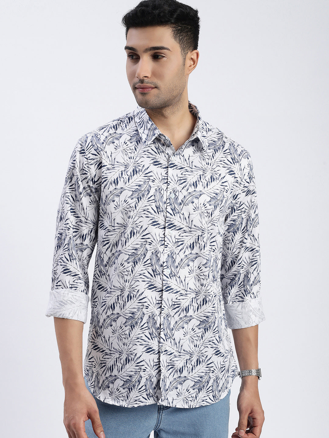 Men White Floral Slim Fit Shirt