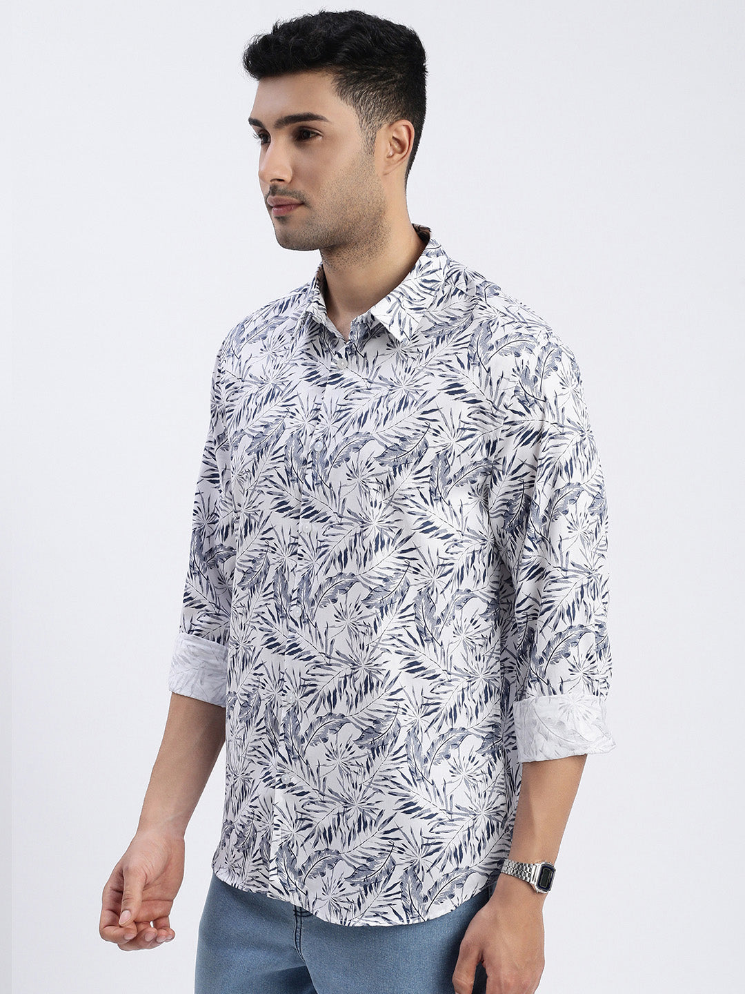 Men White Floral Slim Fit Shirt