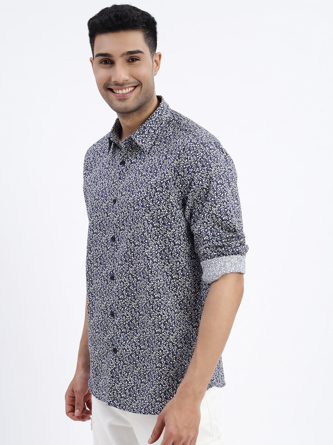 Men Navy Blue Micro Print Slim Fit Shirt