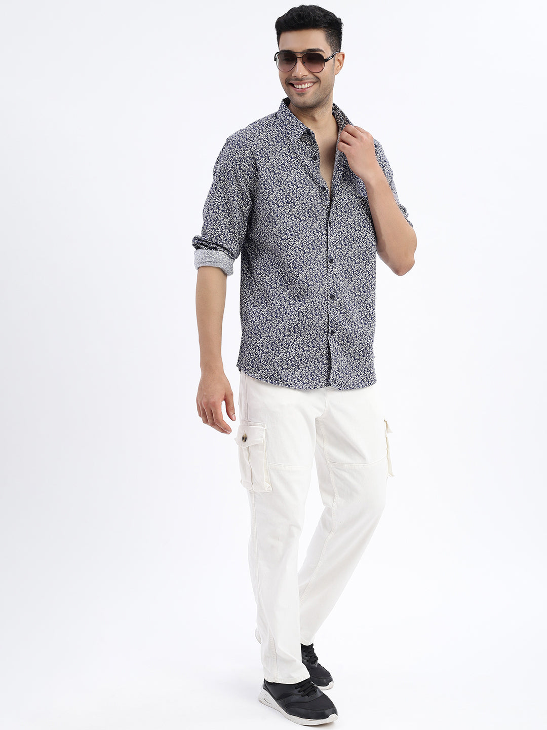 Men Navy Blue Micro Print Slim Fit Shirt