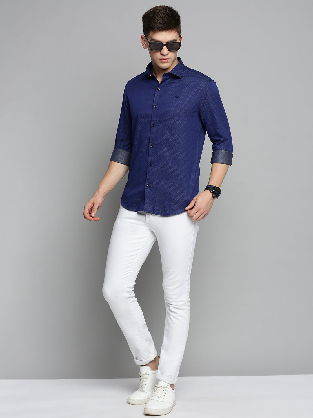 Men Spread Collar Printed Navy Blue Shirt