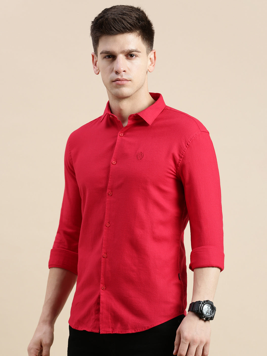 Men Spread Collar Solid Red Shirt