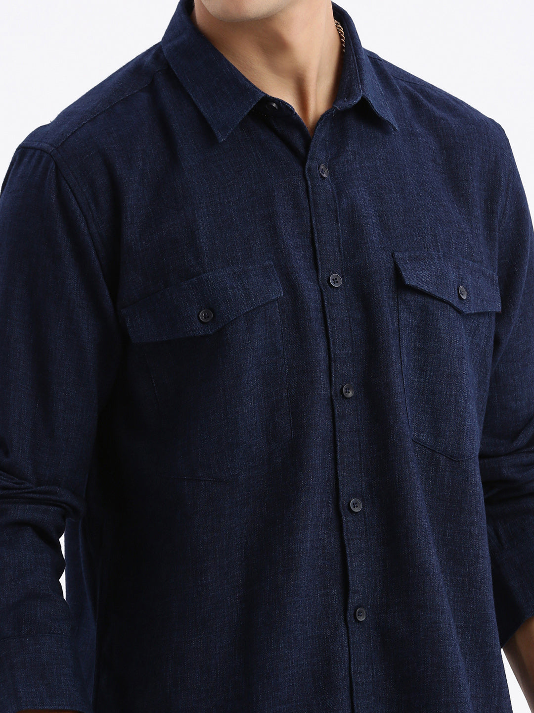 Men Spread Collar Solid Slim Fit Navy Blue Shirt