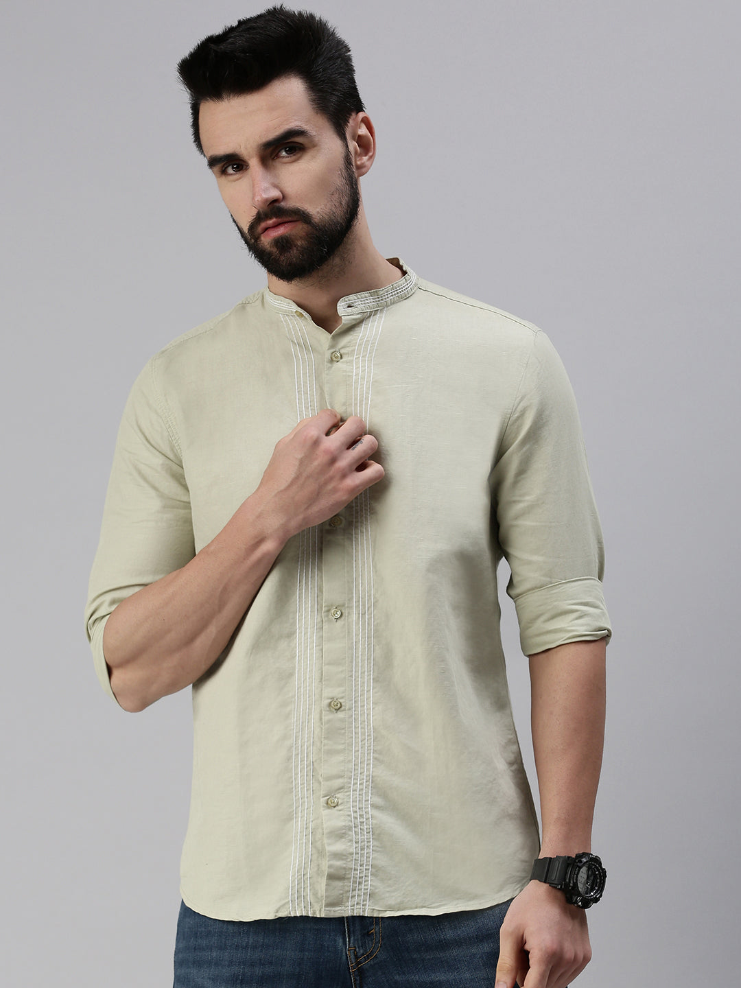 Men Mandarin Collar Solid Olive Shirt