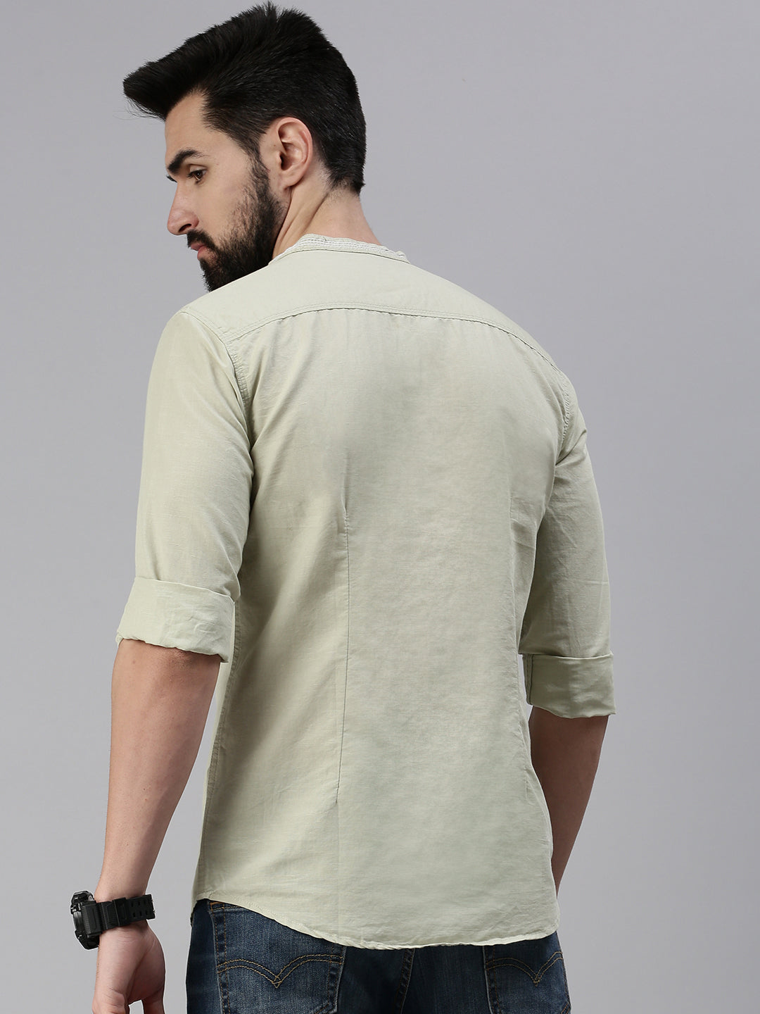 Men Mandarin Collar Solid Olive Shirt