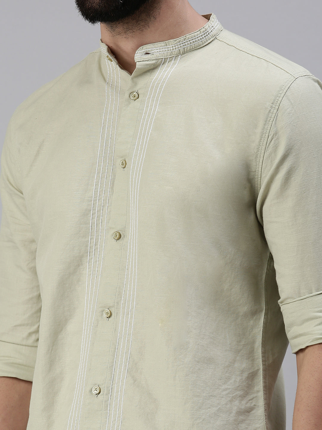 Men Mandarin Collar Solid Olive Shirt
