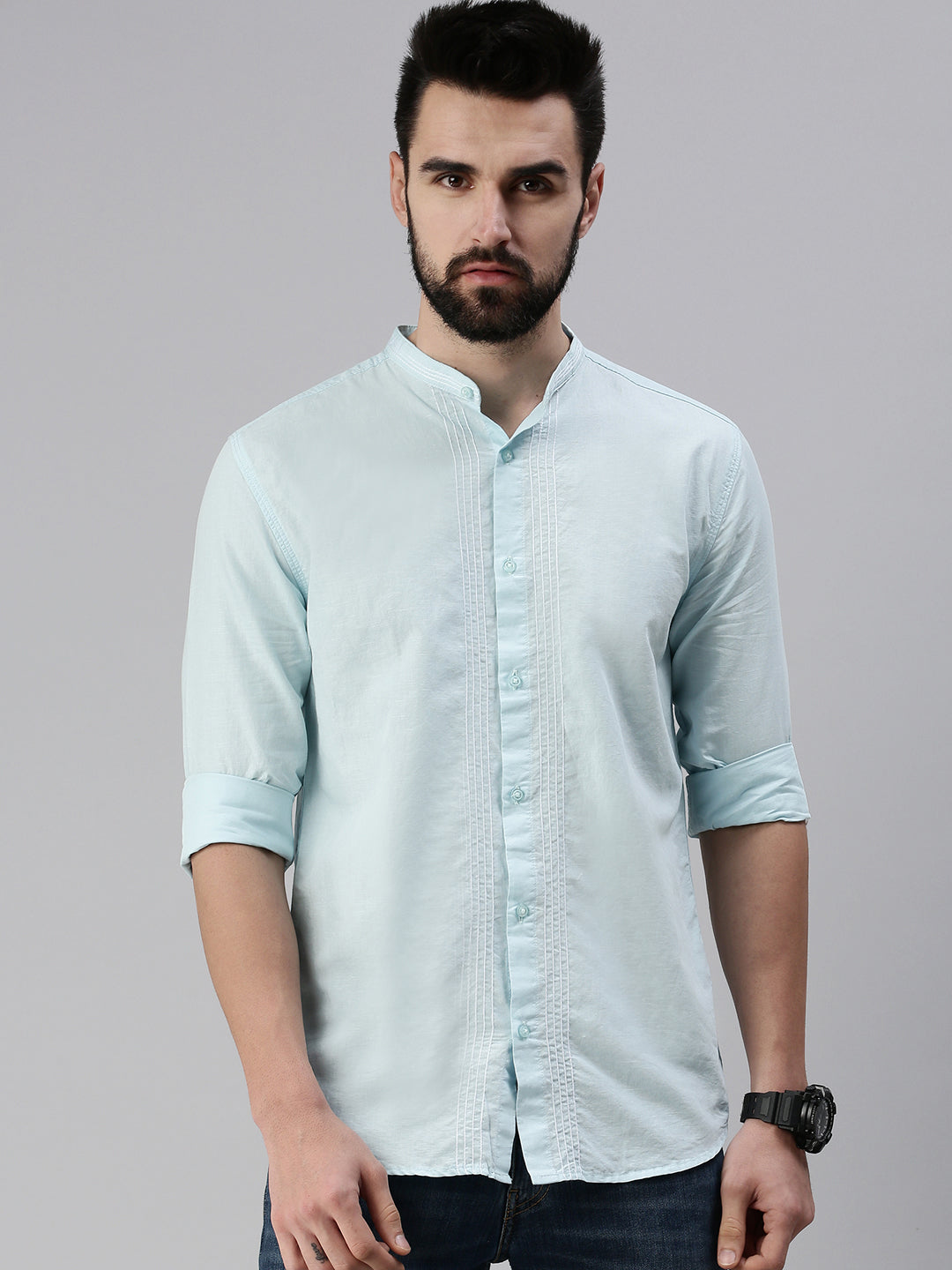 Men Mandarin Collar Solid Blue Shirt