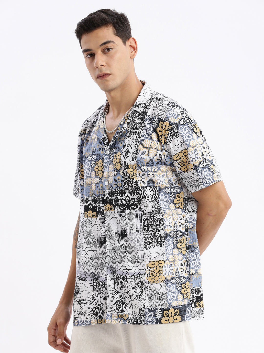Men Cuban Collar Abstract Relaxed Fit Multi Shirt