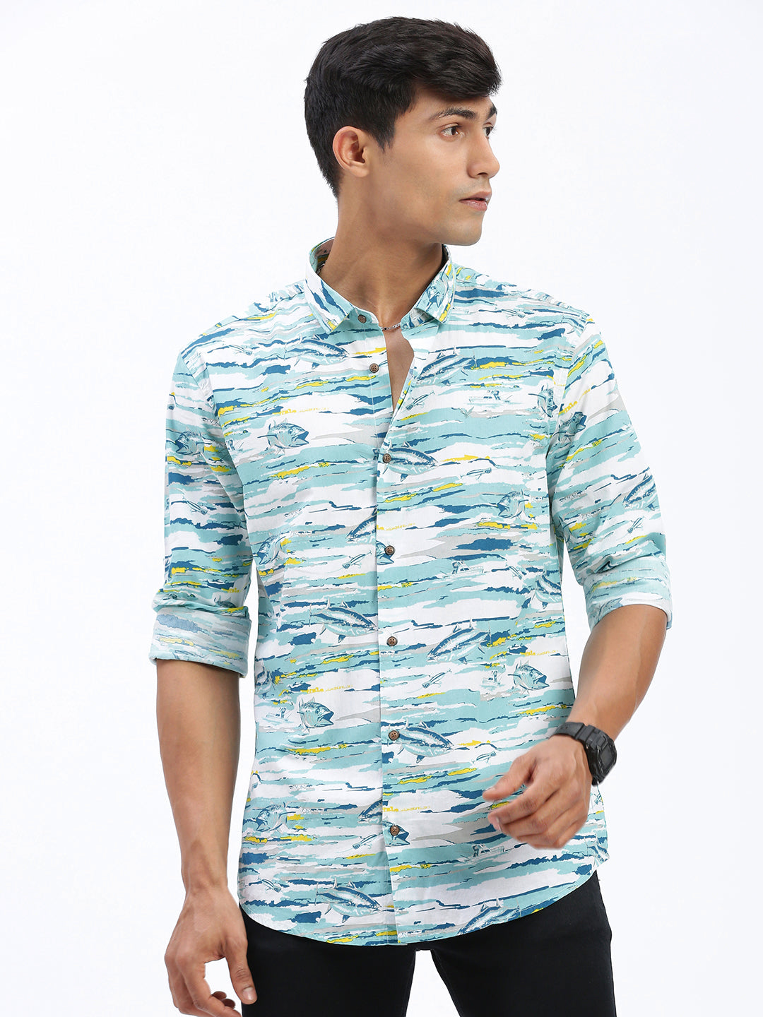 Men Abstract Blue Slim Fit Shirt