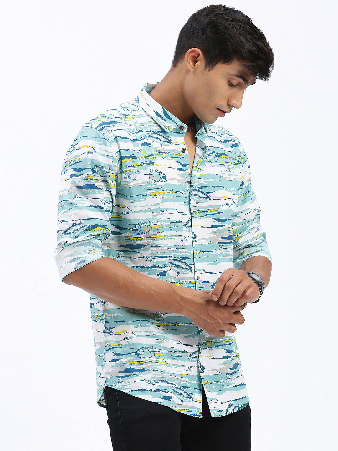 Men Abstract Blue Slim Fit Shirt