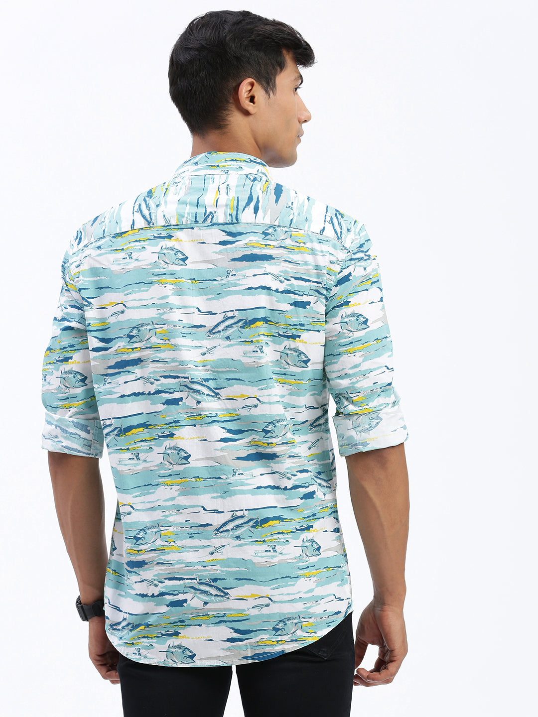 Men Abstract Blue Slim Fit Shirt