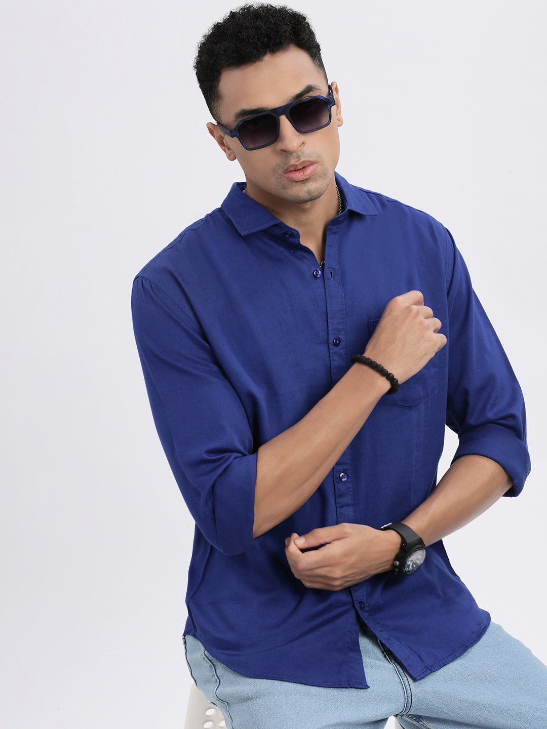 Men Blue Solid Slim Fit Shirt