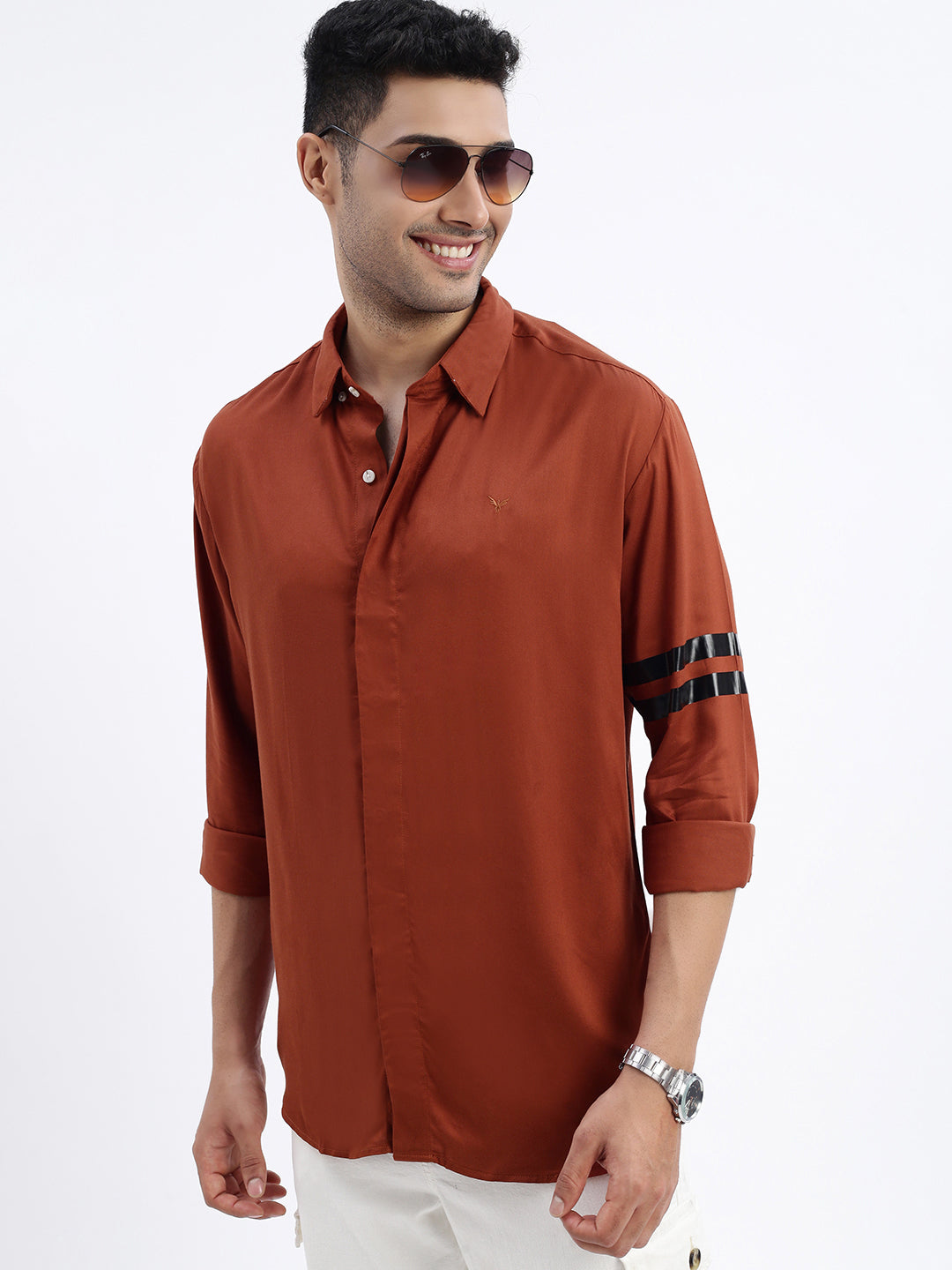 Men Brown Solid Slim Fit Shirt