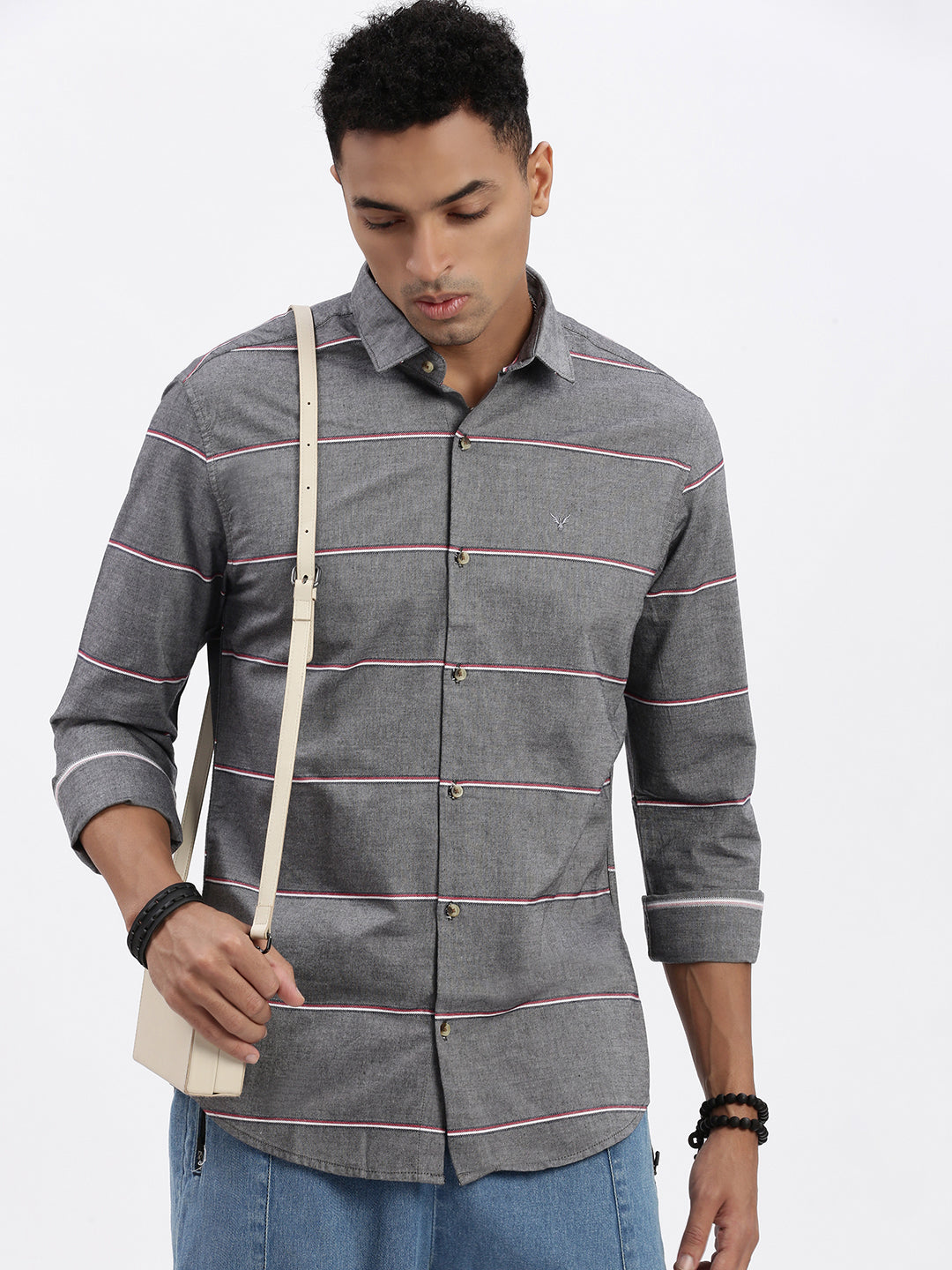 Men Grey Striped Slim Fit Shirt