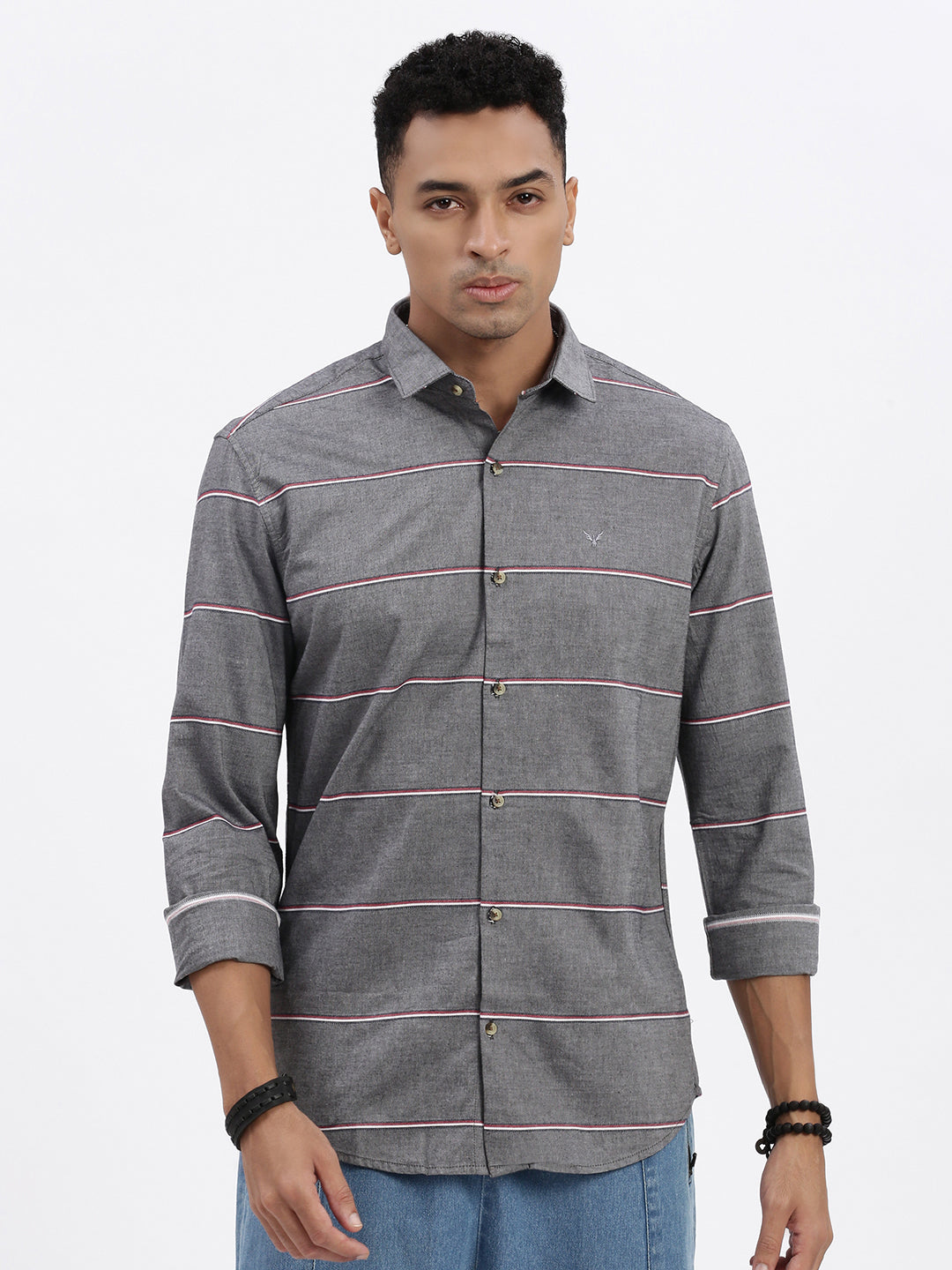 Men Grey Striped Slim Fit Shirt