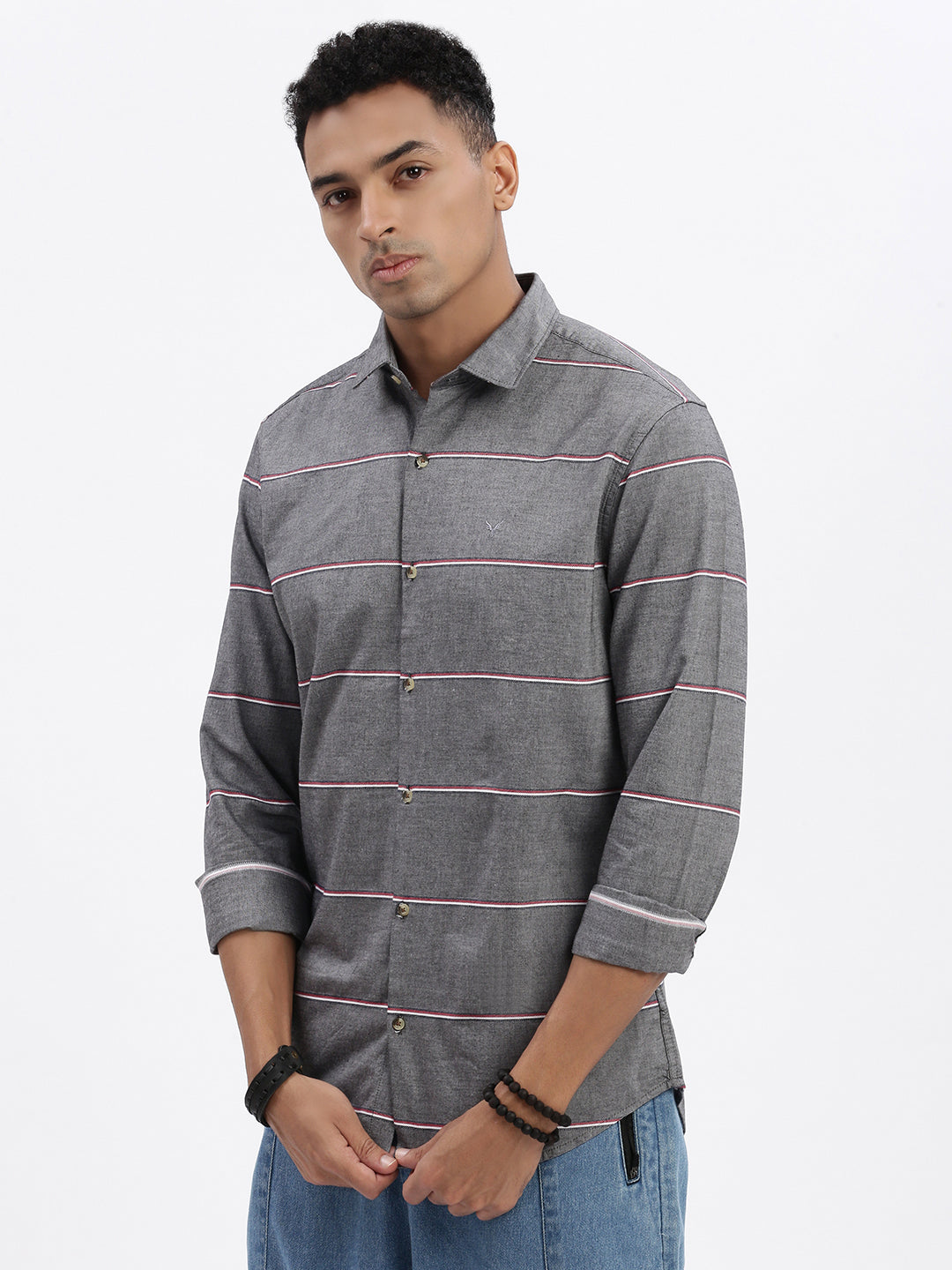 Men Grey Striped Slim Fit Shirt