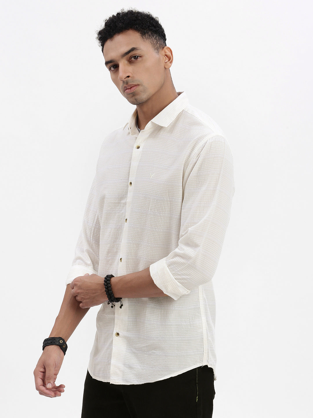 Men Cream Striped Slim Fit Shirt