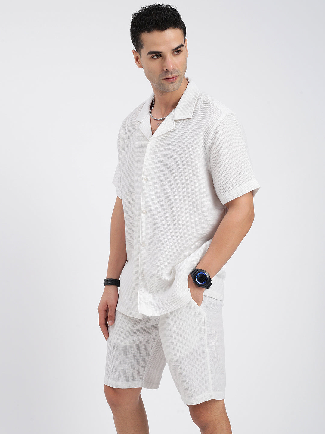 Men Solid White Co Ords Set