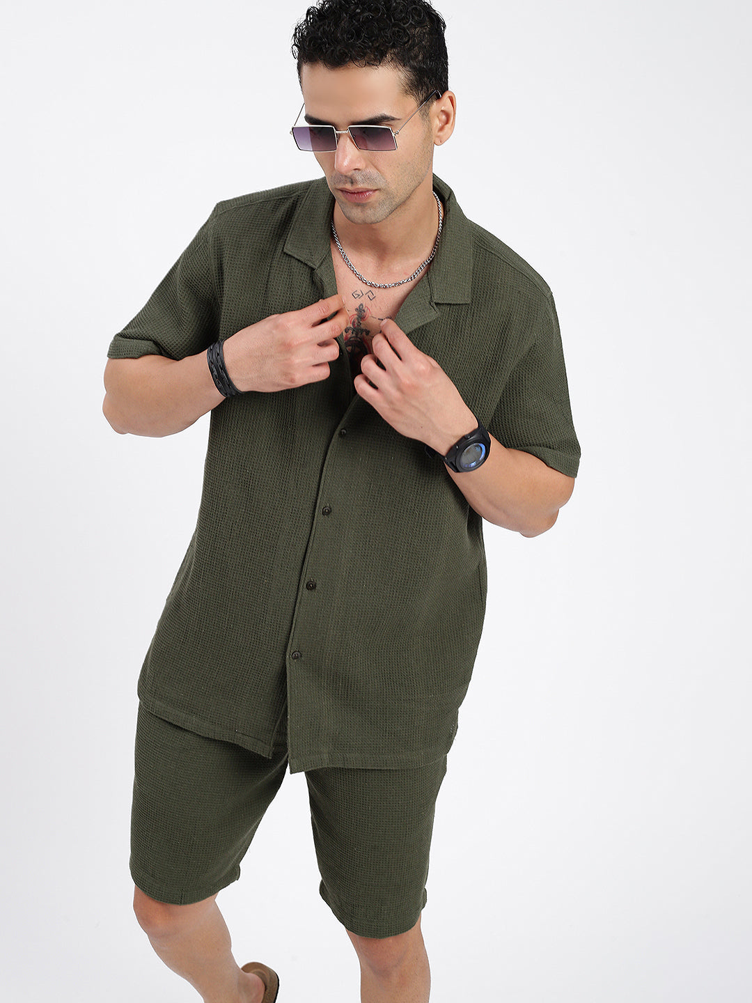 Men Solid Green Co Ords Set