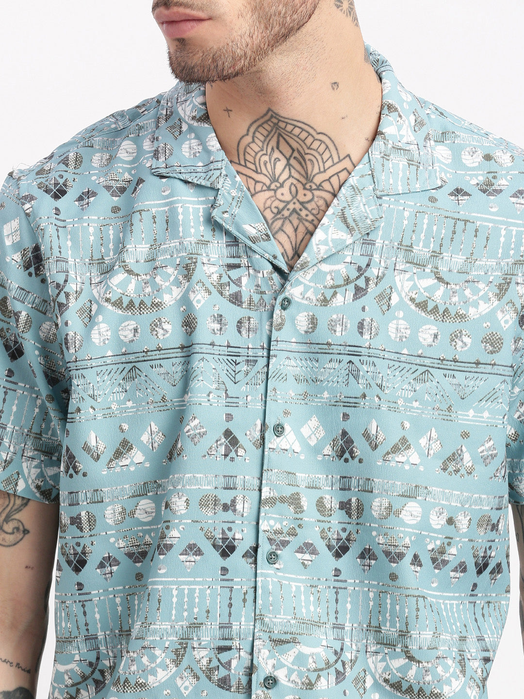Men Geometric Print Cuban Collar Turquoise Blue Co-Ords Set