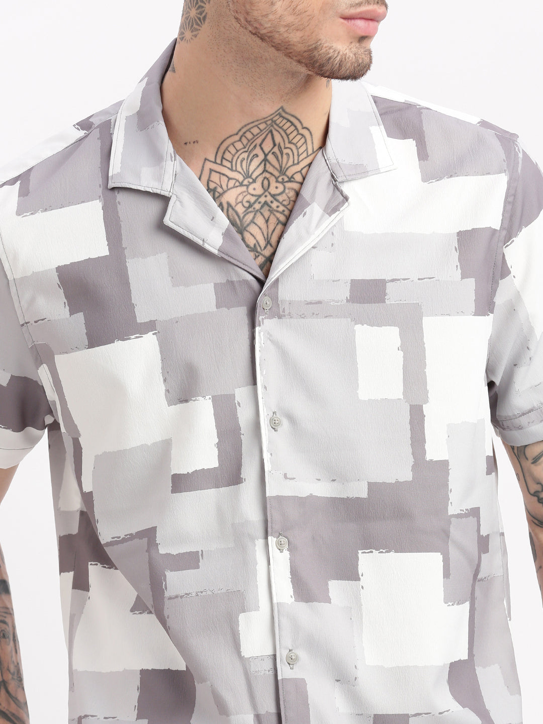 Men Abstract Cuban Collar Grey Co-Ords Set