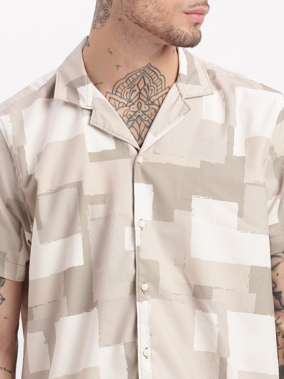 Men Geometric Print Cuban Collar Beige Co-Ords Set