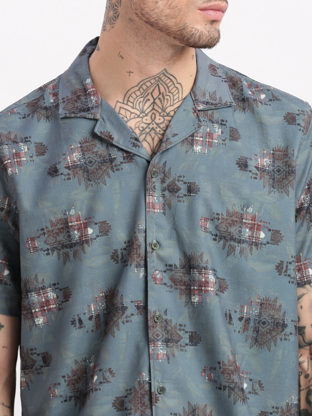 Men Geometric Print Cuban Collar Teal Co-Ords Set