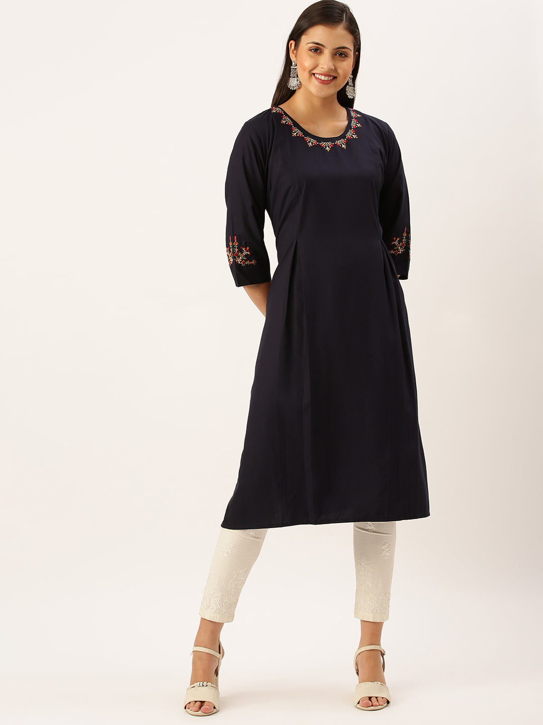 Women Embroidered Navy Blue Straight Kurta