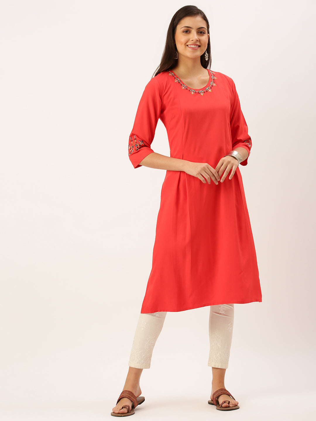 Women Embroidered Red Straight Kurta