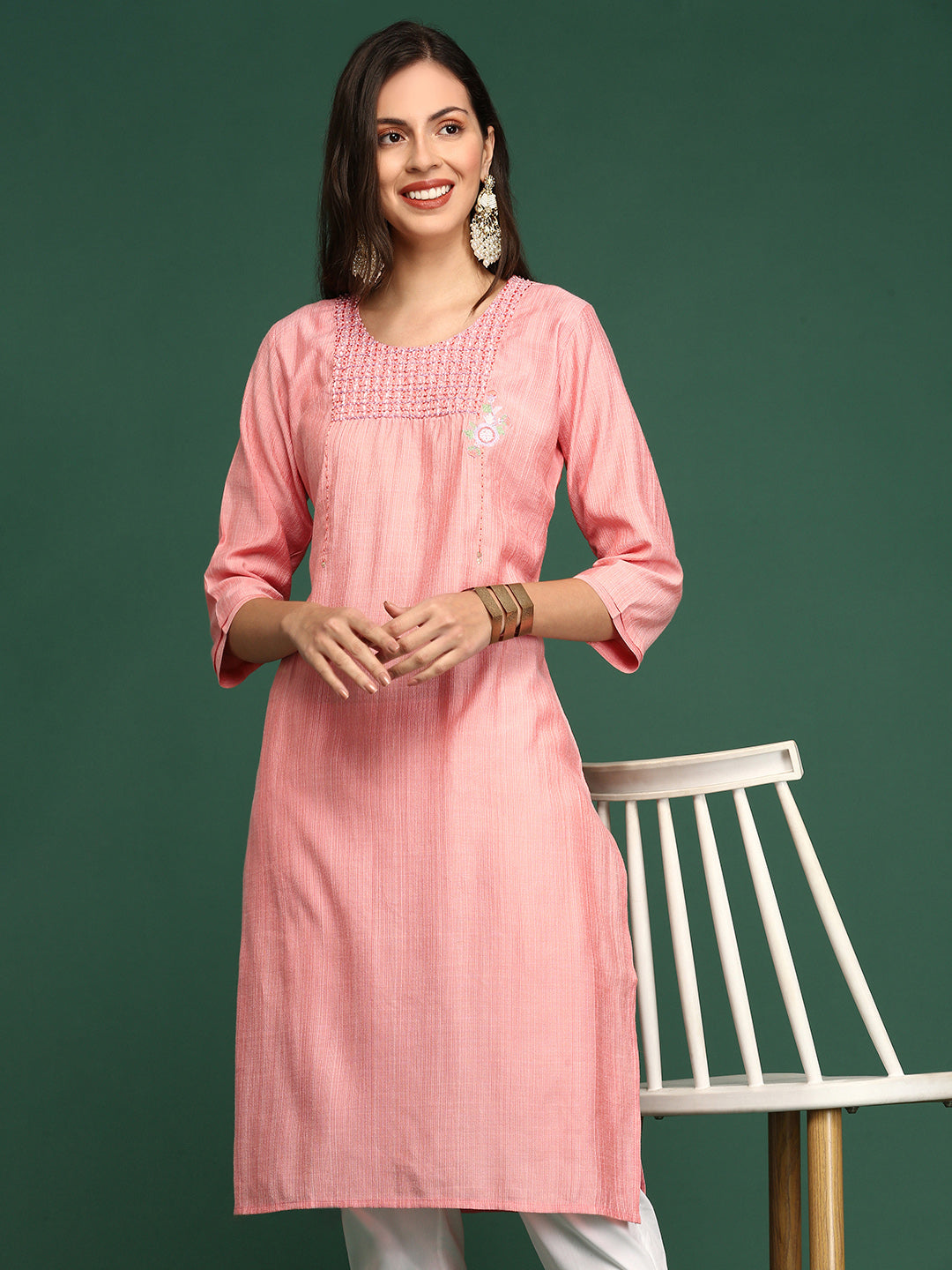 Women's Peach Solid Straight Kurta