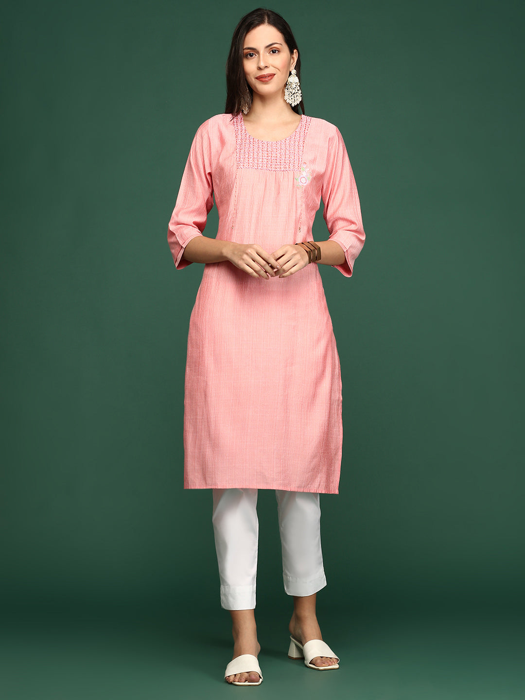 Women's Peach Solid Straight Kurta