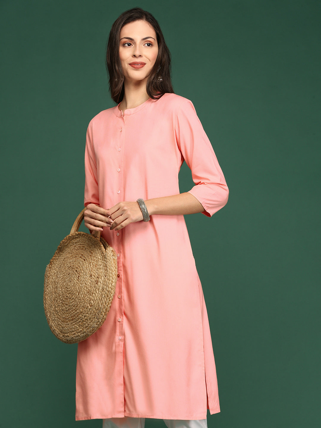 Women's Peach Solid Straight Kurta