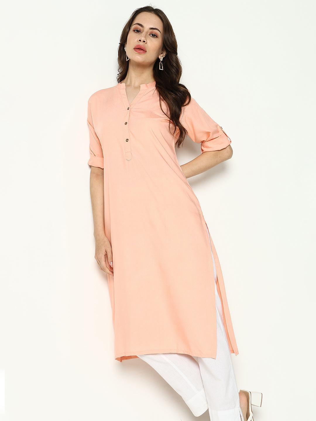 Women Peach Solid Straight Kurta