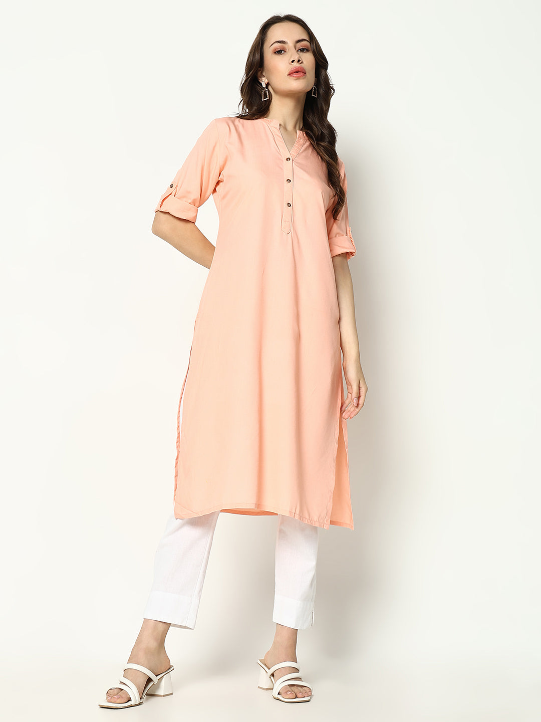 Women Peach Solid Straight Kurta