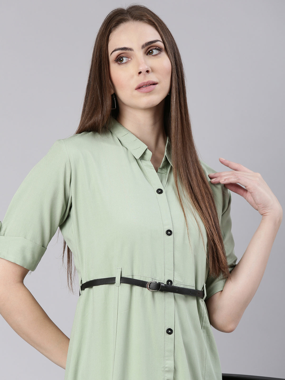 Women Sea Green Solid Shirt Dress