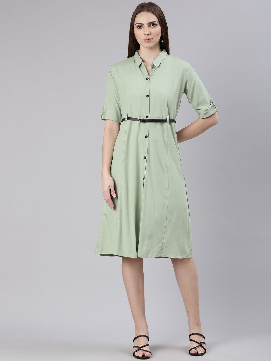 Women Sea Green Solid Shirt Dress