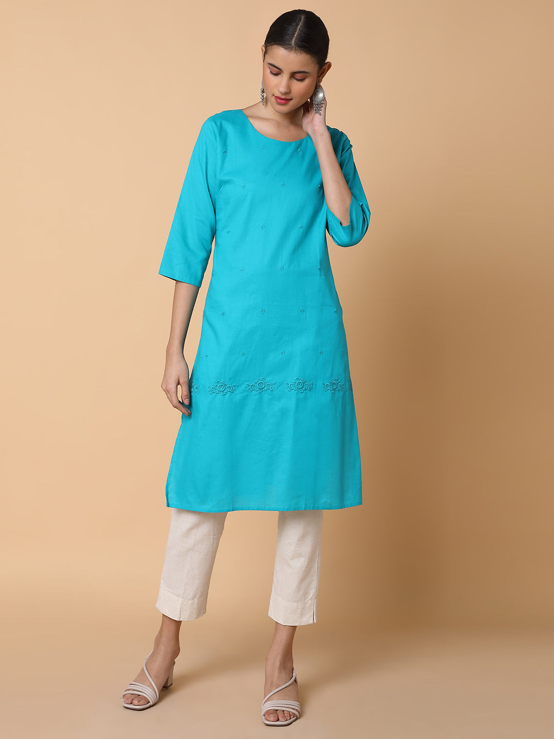 Women Straight Turquoise Blue Solid Kurta