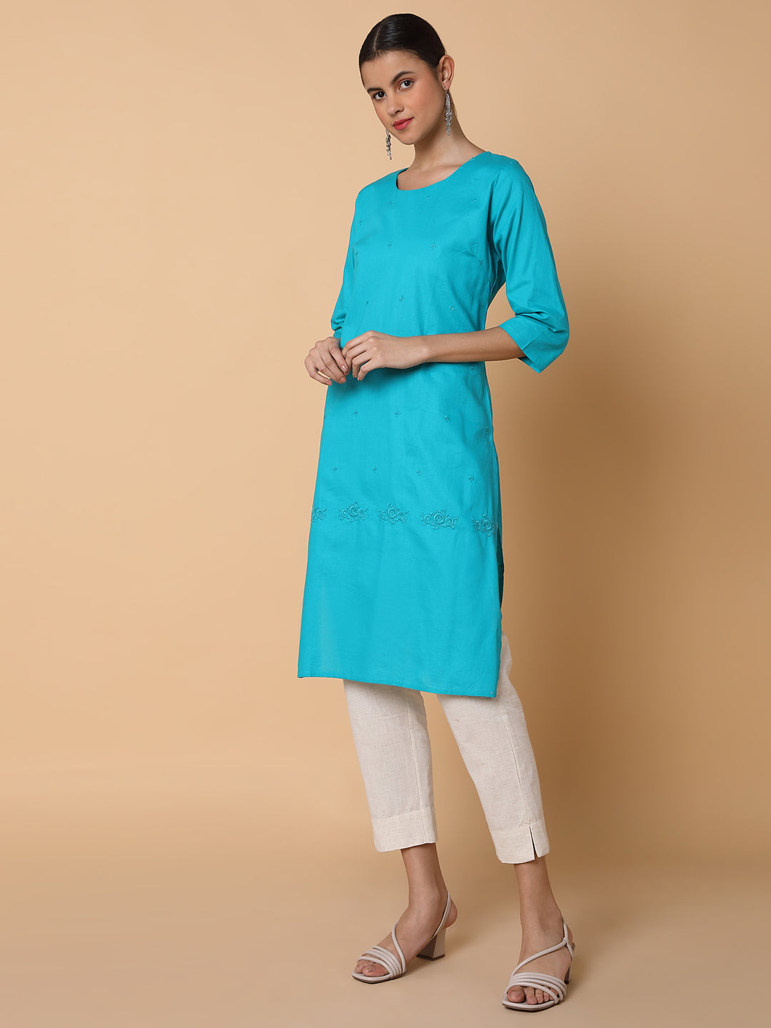 Women Straight Turquoise Blue Solid Kurta