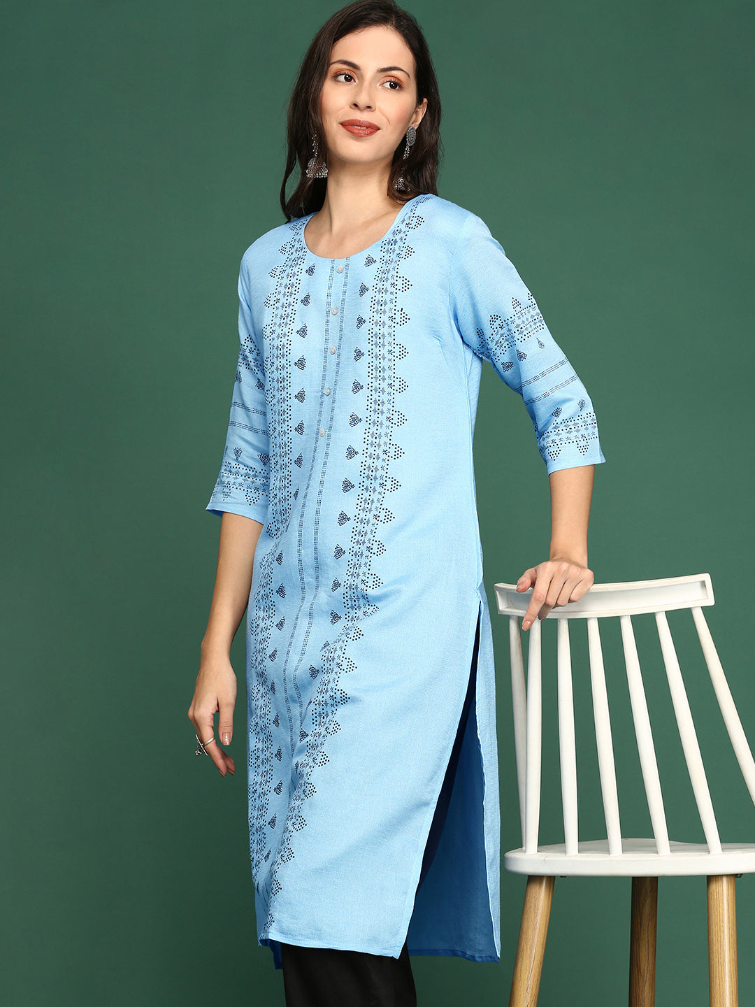 Women Blue Printed Straight Kurta