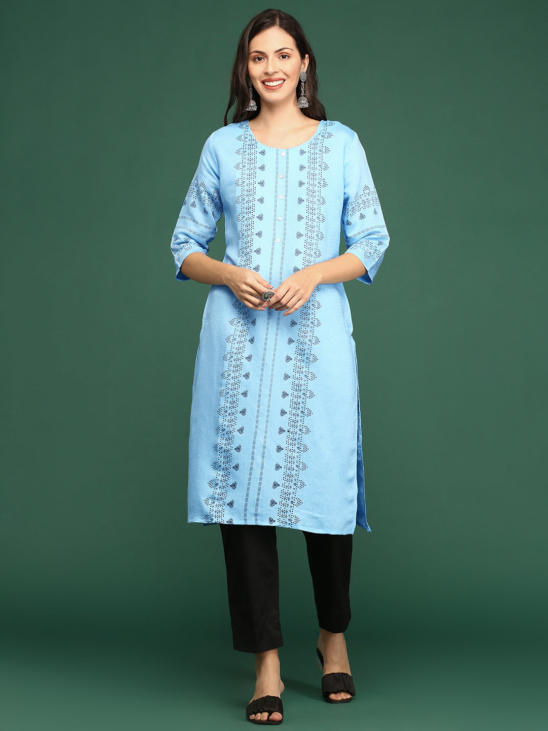 Women Blue Printed Straight Kurta