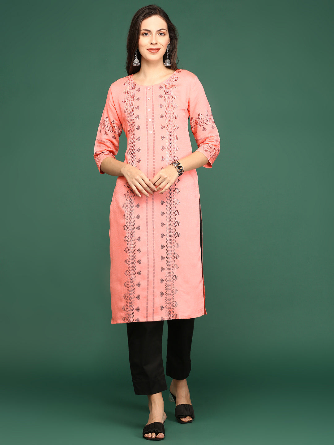 Women Peach Printed Straight Kurta