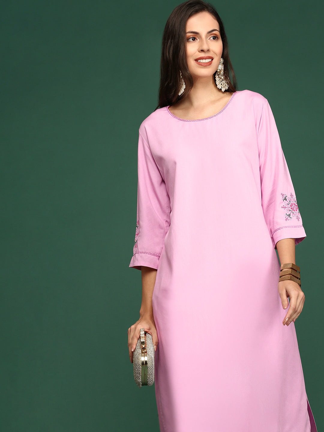 Women Pink Solid Straight Kurta