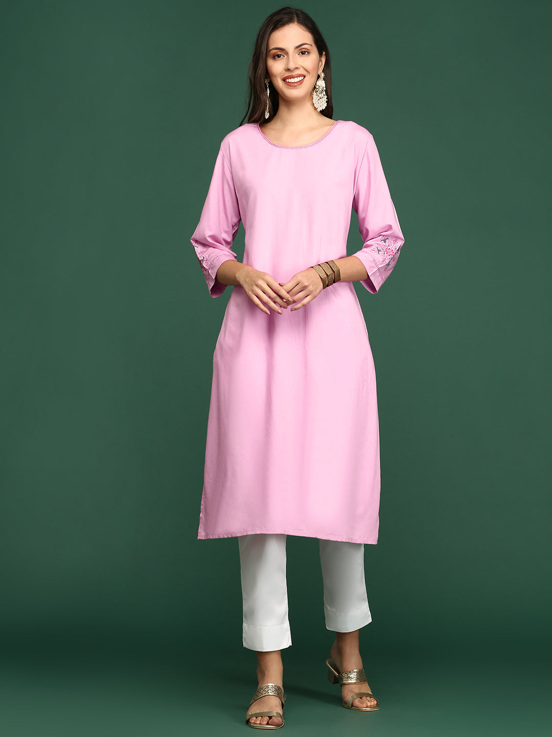 Women Pink Solid Straight Kurta