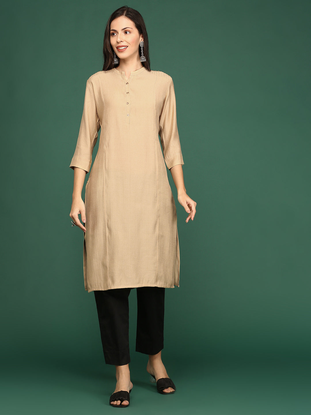 Women Beige Solid Straight Kurta