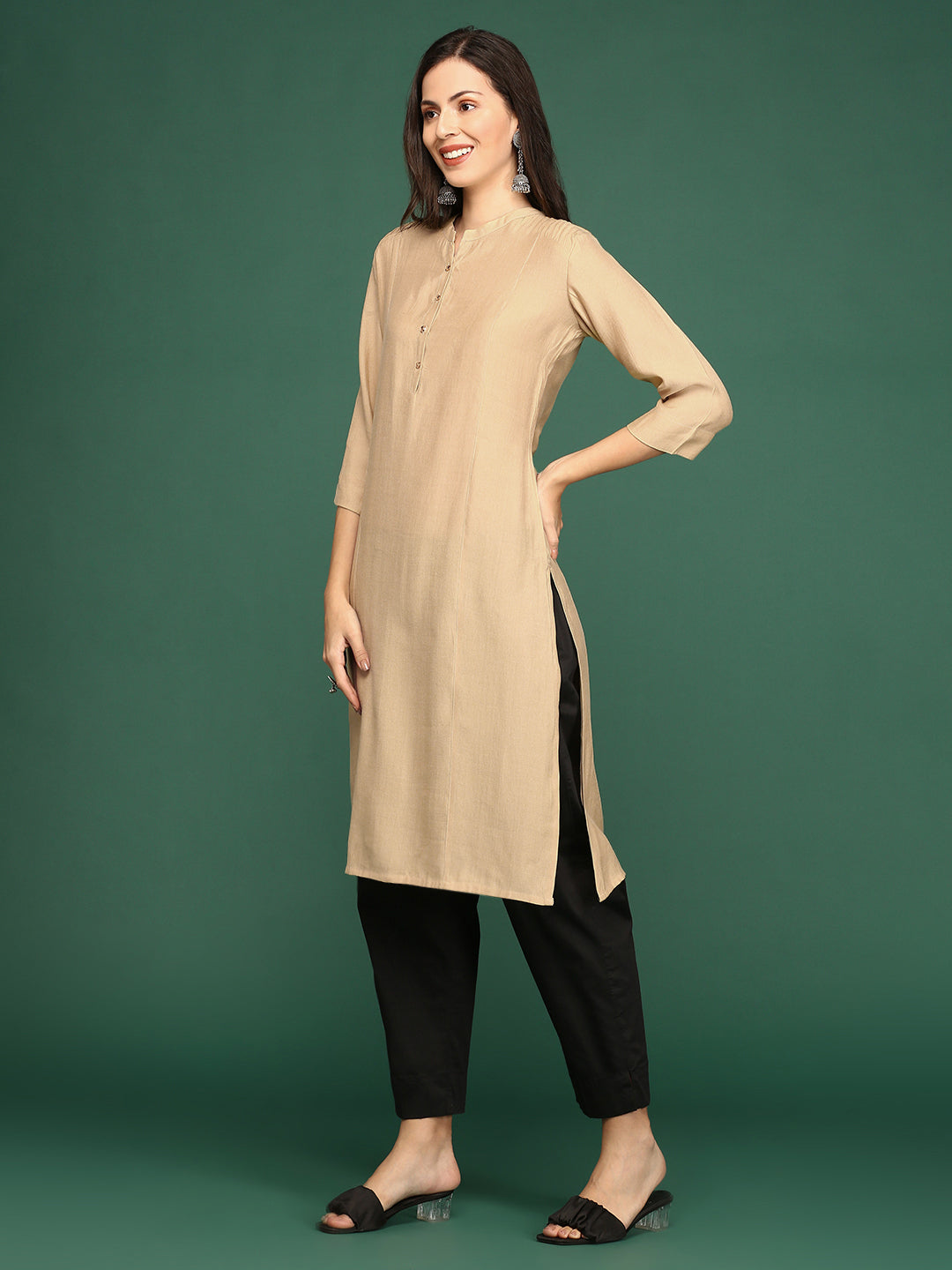 Women Beige Solid Straight Kurta