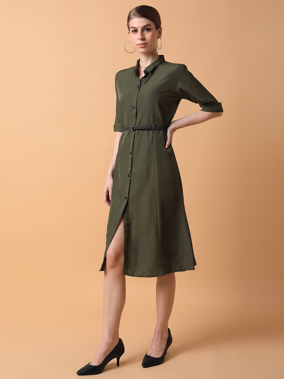 Women Solid Olive Midi A-Line Dress with Belt