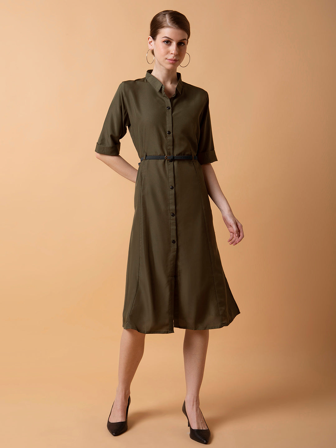 Women Solid Olive Midi A-Line Dress with Belt