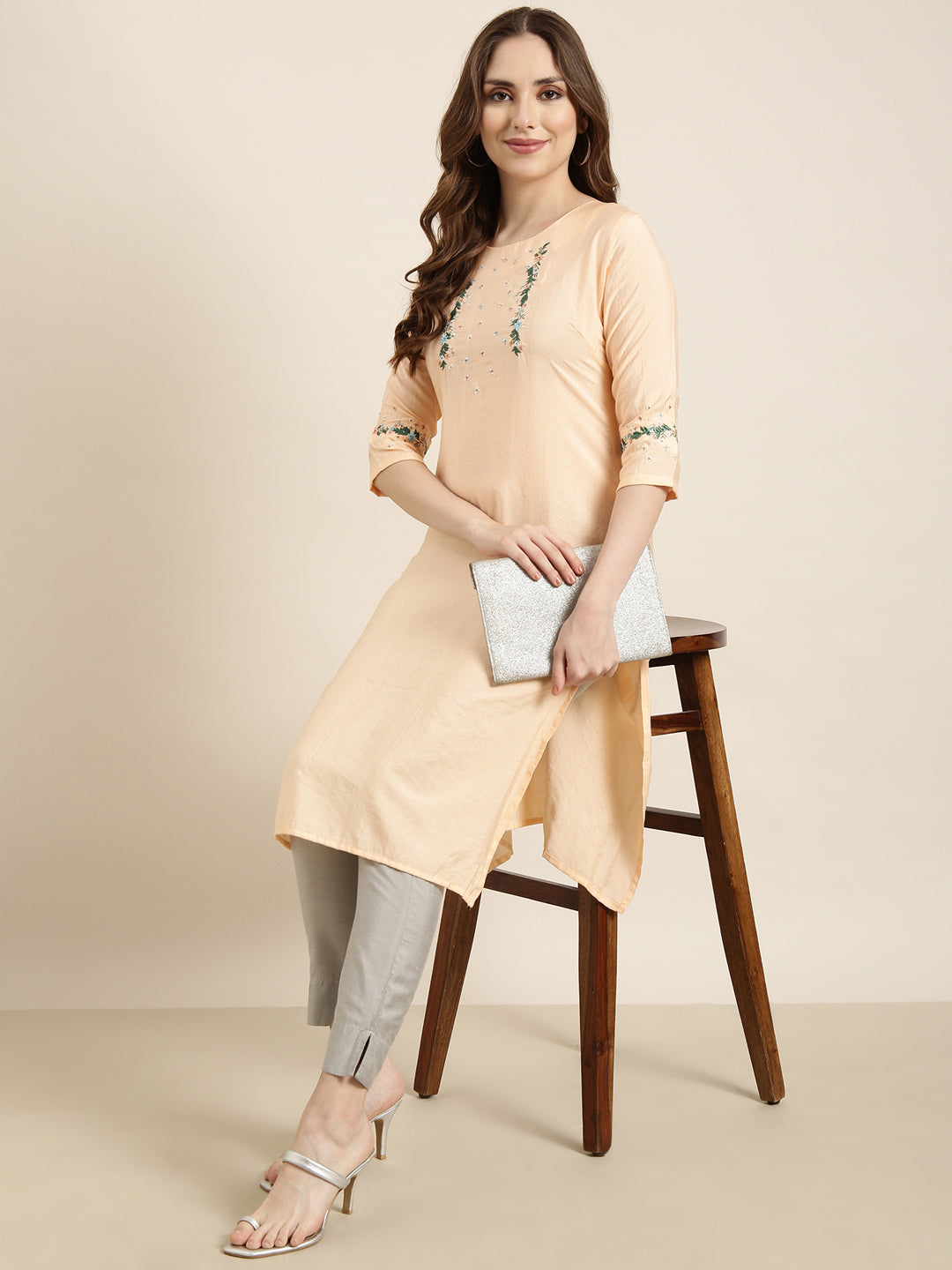 Women Straight Peach Solid Kurta